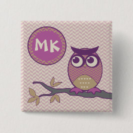 Cute Herringbone Owl Trendy Orchid Paarse Moon Vierkante Button 5,1 Cm