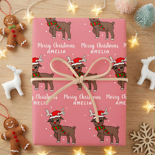 Cute hert met kerstman hoed kinderen roze inpakpapier vel