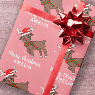 Cute hert met kerstman hoed roze kinderen  cadeaupapier