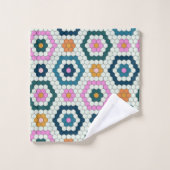 Cute Hexagon Shapes Tegel Pattern Retro Blauwgroen Bad Handdoek (Wasdoekje)