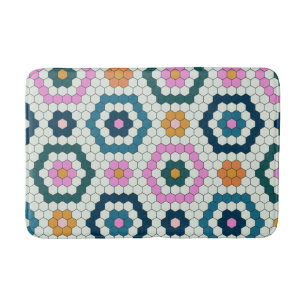 Cute Hexagon Shapes Tegel Pattern Retro Blauwgroen Badmat