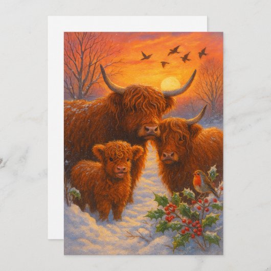 Cute Highland Cow Family In Snowy Woodland Sunset Feestdagenkaart (Voorkant / Achterkant)