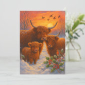Cute Highland Cow Family In Snowy Woodland Sunset Feestdagenkaart (Staand voorkant)