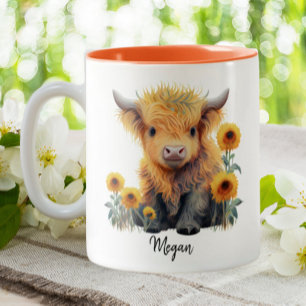Cute Highland Koe Calf Sunflower Persoonlijk Tweekleurige Koffiemok