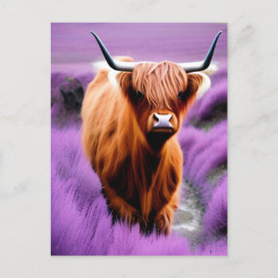 Cute Highland Koe in Lavender Field Briefkaart