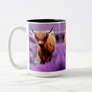 Cute Highland Koe in Lavender Field Tweekleurige Koffiemok