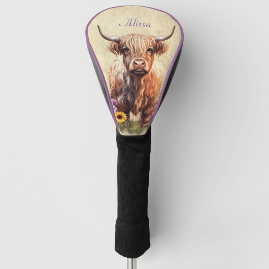 Cute Highland Koe met naam Golfheadcover (Voorkant)