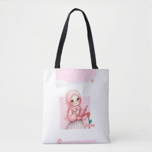 Cute Hijabi Girl Tote Bag Roze Canvas met Aesthe