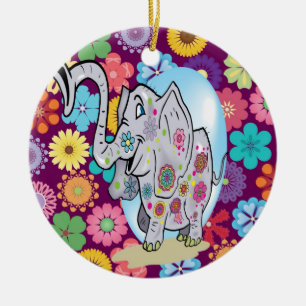 Cute Hippie Elephant met Colorful Flowers Keramisch Ornament