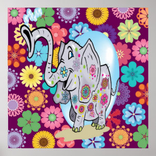 Cute Hippie Elephant met Colorful Flowers Poster