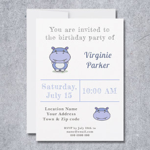 Cute Hippo Birthday Invitation Kaart