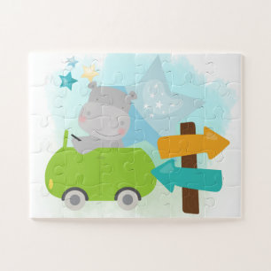 Cute Hippo Driving Green Car Childrens Legpuzzel