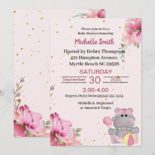Cute Hippo Floral Baby Shower Invitations Kaart