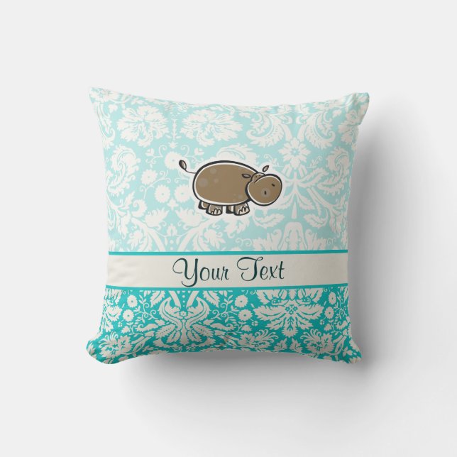 Cute Hippo Groenblauw Kussen (Voorkant)