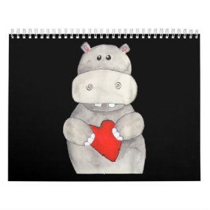 Cute Hippo Hippopotamus Holding Heart Love Hippo Kalender