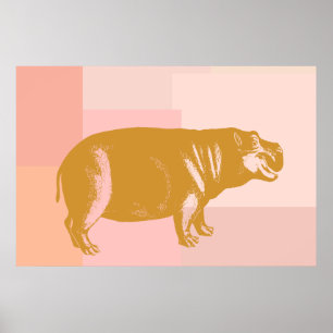 Cute Hippo Illustration in Pink and Gold Poster