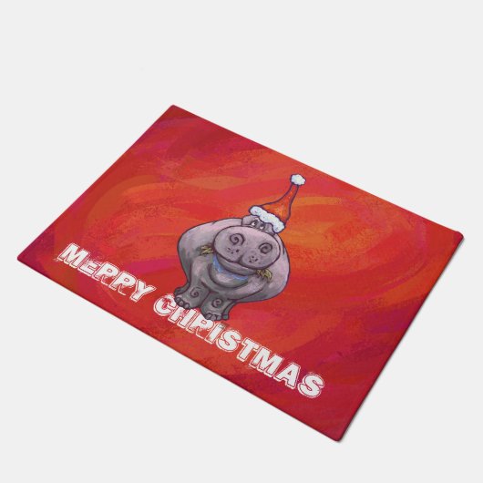 Cute Hippo in Santa Hat op Red Deurmat (Schuin)