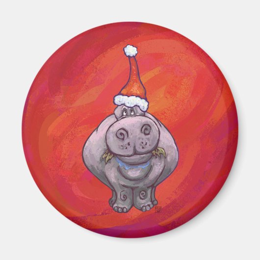 Cute Hippo in Santa Hat op Red Magneet (Voorkant)