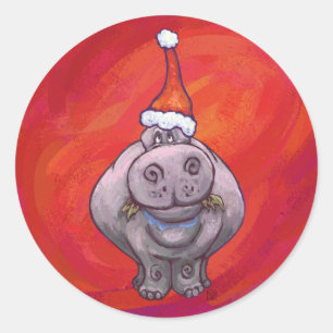 Cute Hippo in Santa Hat op Red Ronde Sticker