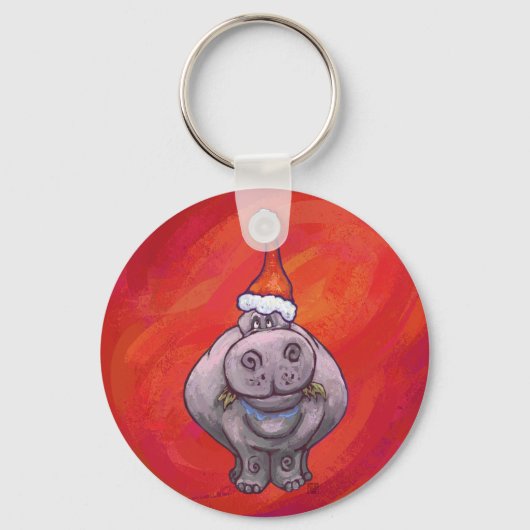Cute Hippo in Santa Hat op Red Sleutelhanger (Voorkant)