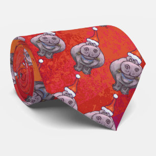 Cute Hippo in Santa Hat Pattern op Red Stropdas