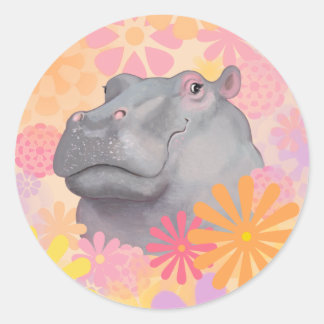 Cute Hippo met bloemen Ronde Sticker