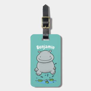 Cute hippo springende cartoon illustratie bagagelabel
