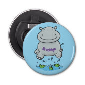 Cute hippo springende cartoon illustratie button flesopener (Voorkant)