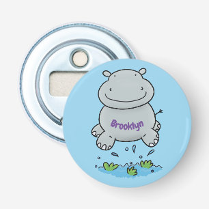Cute hippo springende cartoon illustratie button flesopener