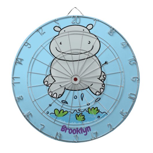 Cute hippo springende cartoon illustratie dartbord (Voorkant)