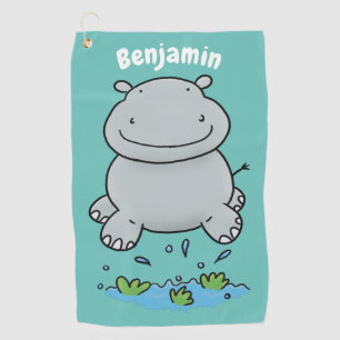 Cute hippo springende cartoon illustratie golfhanddoek