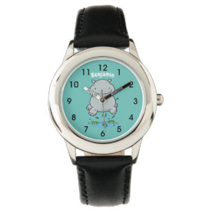Cute hippo springende cartoon illustratie horloge
