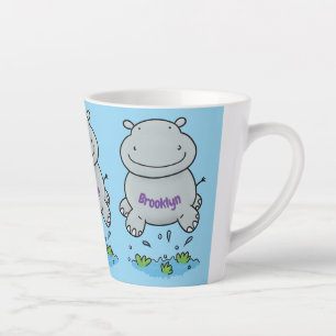 Cute hippo springende cartoon illustratie latte mok