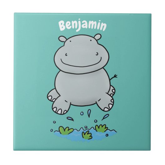 Cute hippo springende cartoon illustratie tegeltje (Voorkant)