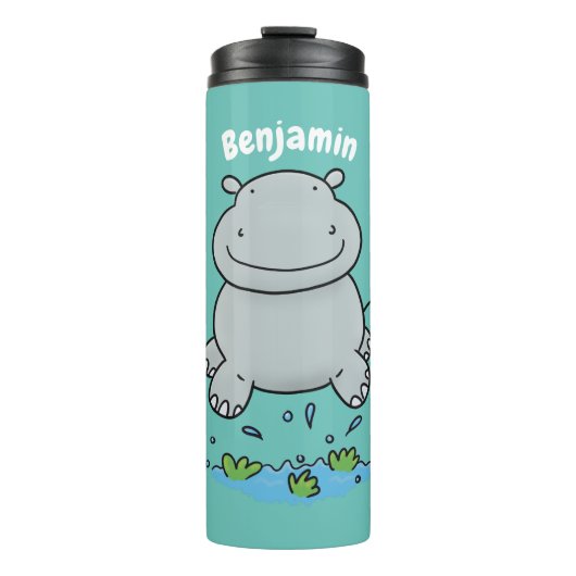 Cute hippo springende cartoon illustratie thermosbeker (Voorkant)