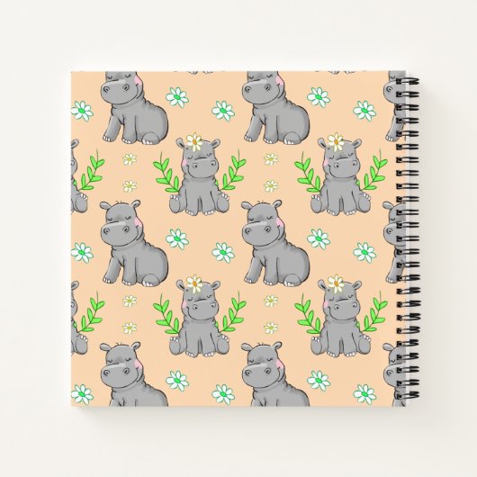 Cute Hippos and Flowers Pattern Custom Name Notitieboek (Achterkant)