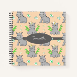 Cute Hippos and Flowers Pattern Custom Name Notitieboek