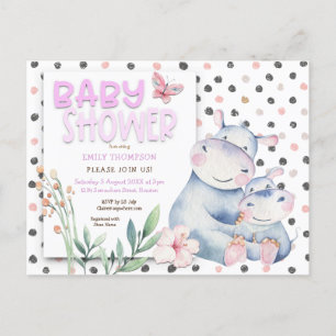 Cute Hippos Polka Dots roze Baby shower Uitnodiging Briefkaart
