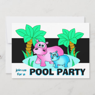 Cute Hippos Pool Party Invitation Kaart