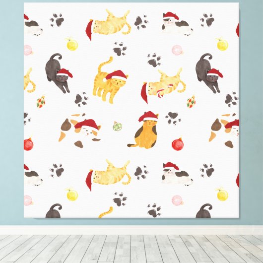 Cute Holiday Cat Pattern Canvas Afdruk (Insitu (Houten vloer))