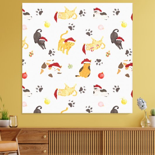 Cute Holiday Cat Pattern Canvas Afdruk (Insitu (Woonkamer))