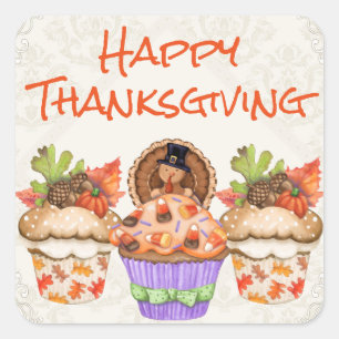 Cute Holiday Cupcakes Happy Thanksgiving Vierkante Sticker