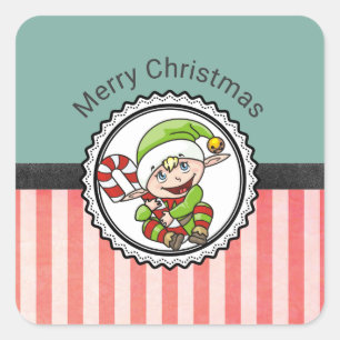 Cute Holiday Elf met Candy Cane Merry Kerstmis Vierkante Sticker