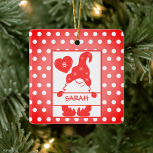 Cute Holiday Gnome Polka Dots Red White Name Year Keramisch Ornament