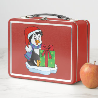 Cute Holiday Penguin Red Metal Lunch Box