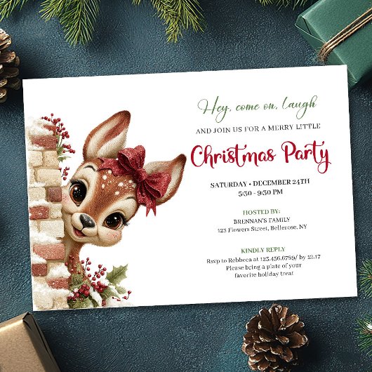 Cute holiday reindeer peeking kids event invite kaart