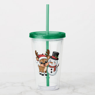 Cute Holiday Reindeer & Snowman Acryl Drinkbeker