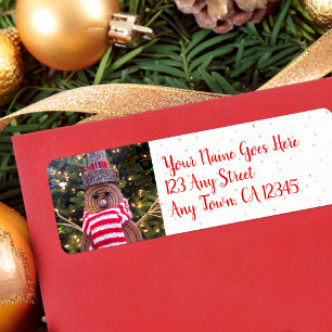 Cute Holiday Rustic Log Snowman Custom Name Script Etiket