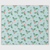 Cute Holly Berries Christmas light blue Cadeaupapier (Vlak)
