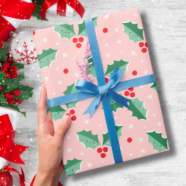 Cute Holly Berries Christmas pink Cadeaupapier